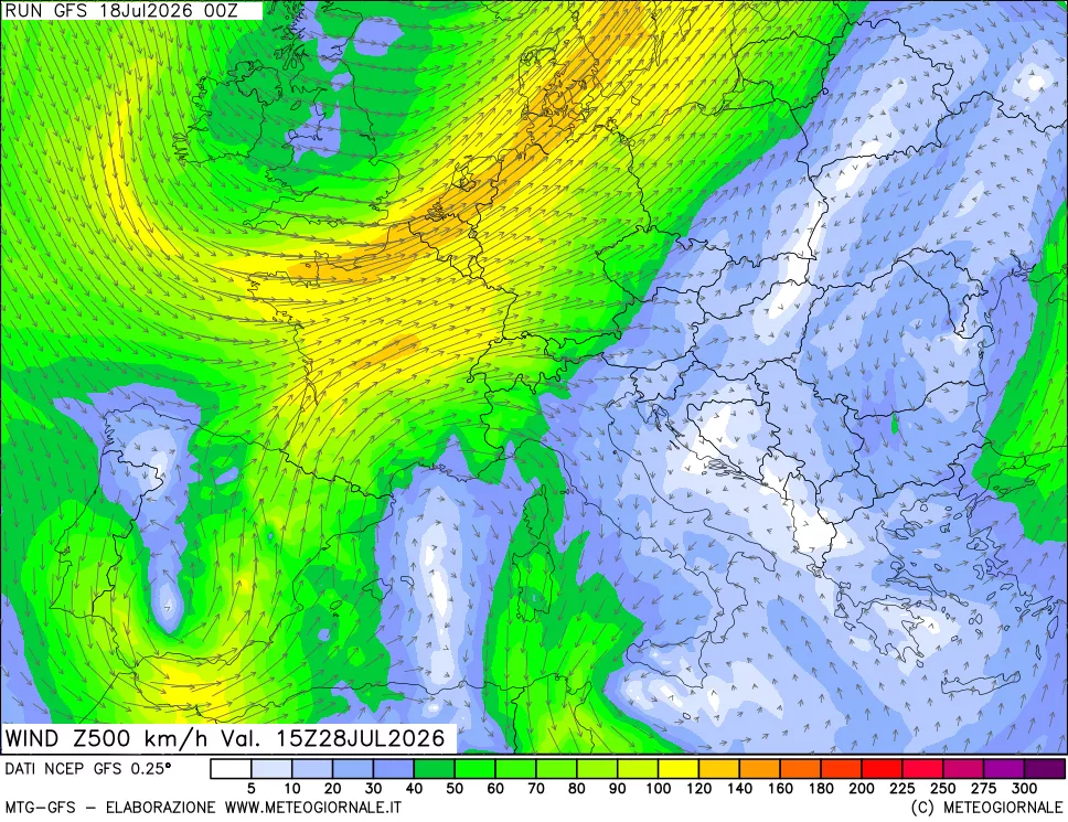 mappa 500 hPa Vento forza e direzione