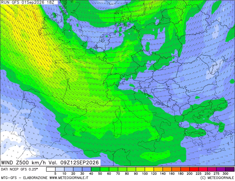 mappa 500 hPa Vento forza e direzione