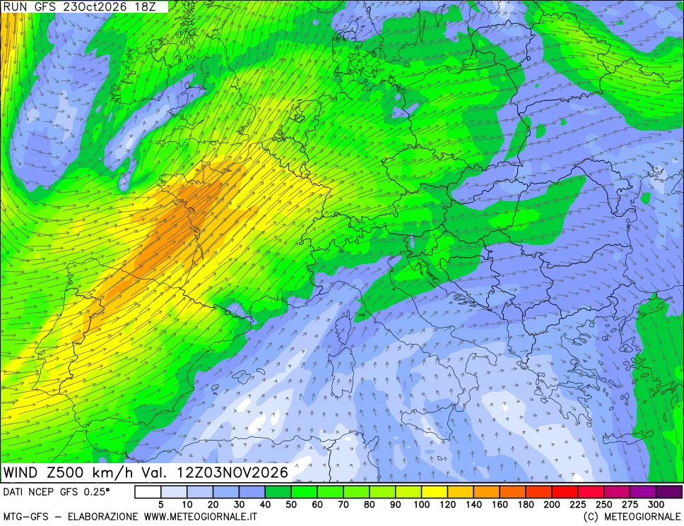mappa 500 hPa Vento forza e direzione