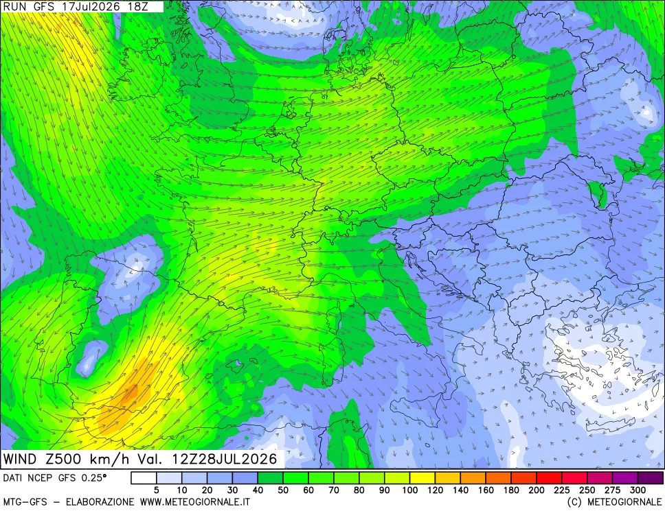 mappa 500 hPa Vento forza e direzione