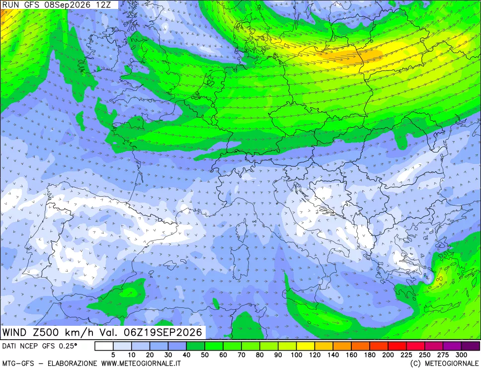 mappa 500 hPa Vento forza e direzione