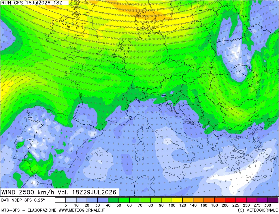 mappa 500 hPa Vento forza e direzione