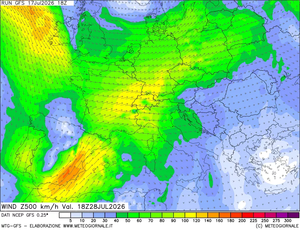 mappa 500 hPa Vento forza e direzione