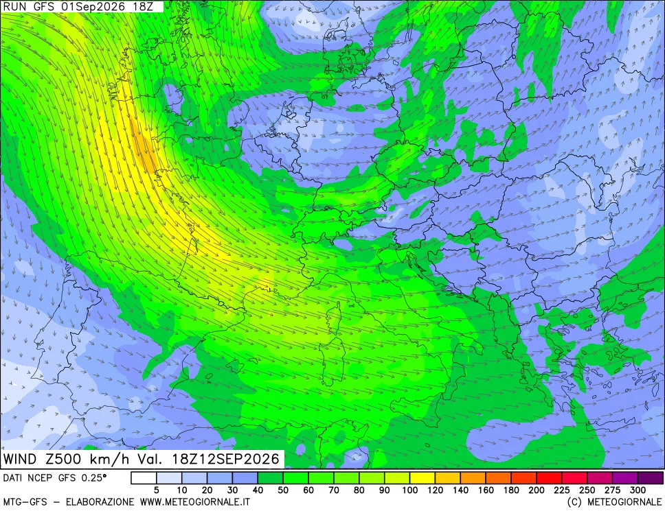 mappa 500 hPa Vento forza e direzione