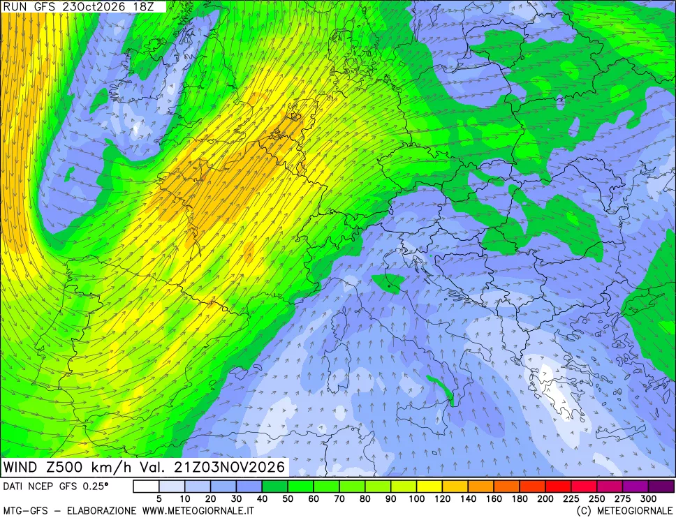 mappa 500 hPa Vento forza e direzione