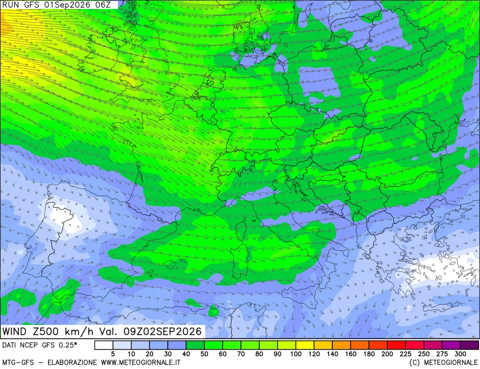 mappa 500 hPa Vento forza e direzione