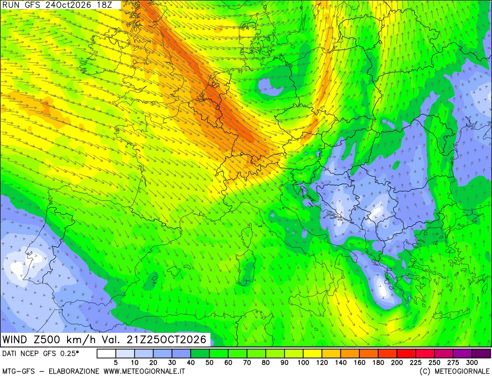 mappa 500 hPa Vento forza e direzione