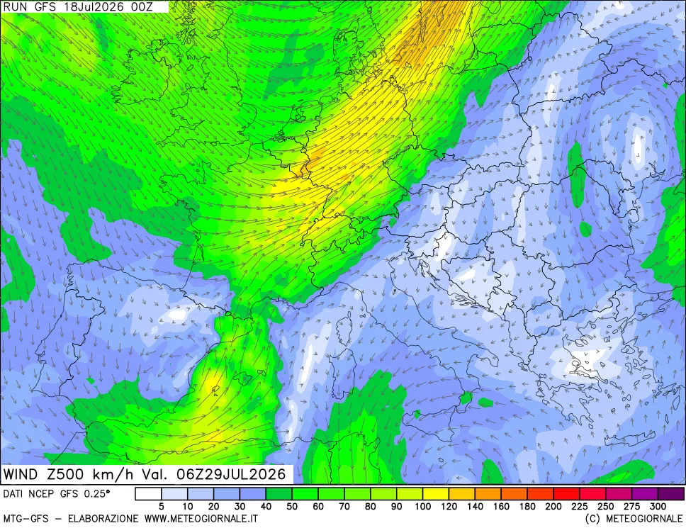 mappa 500 hPa Vento forza e direzione