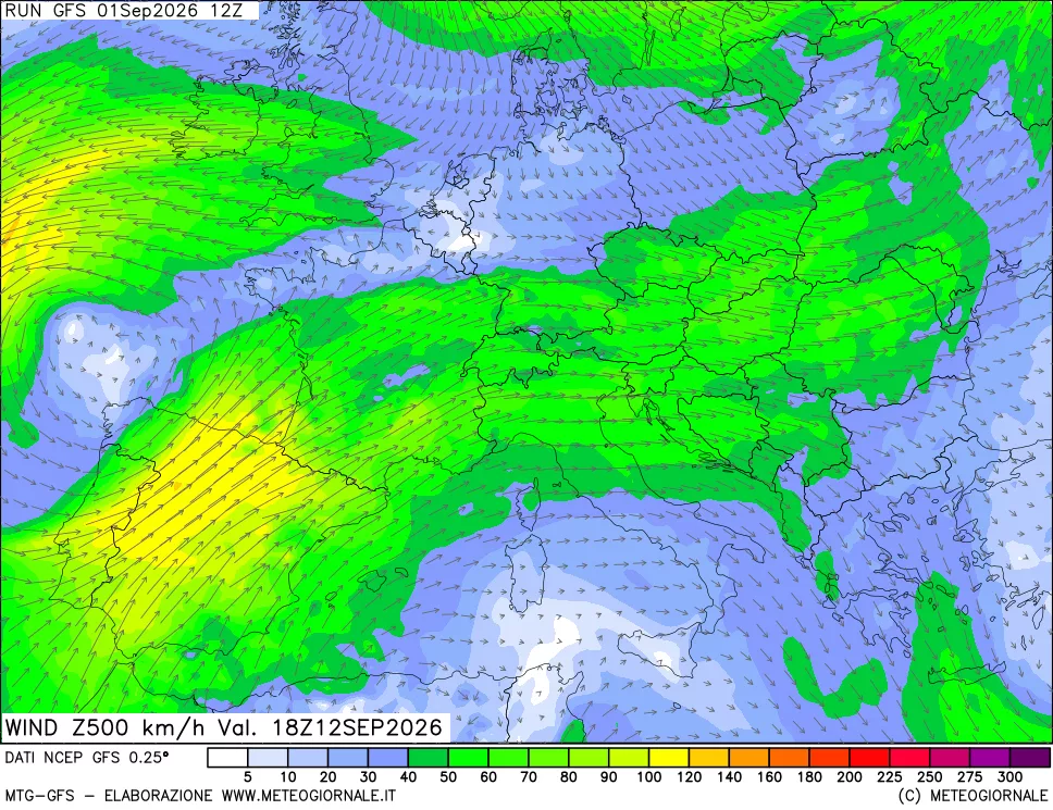 mappa 500 hPa Vento forza e direzione