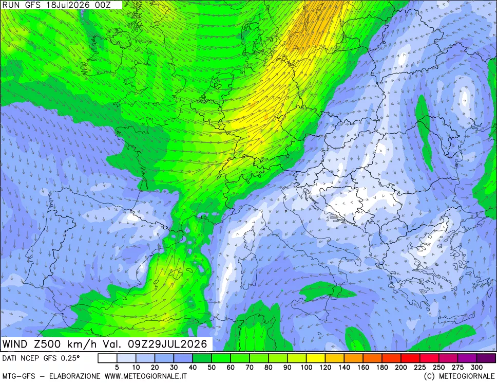 mappa 500 hPa Vento forza e direzione