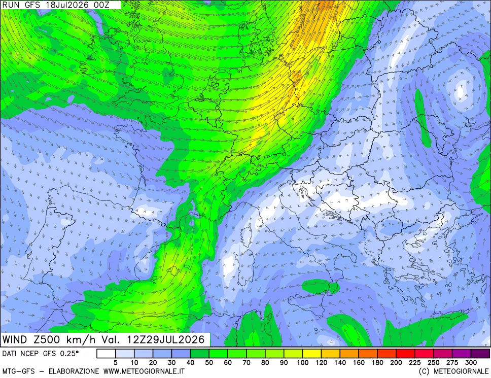 mappa 500 hPa Vento forza e direzione