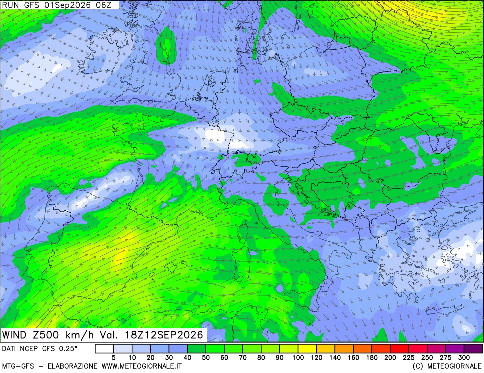 mappa 500 hPa Vento forza e direzione