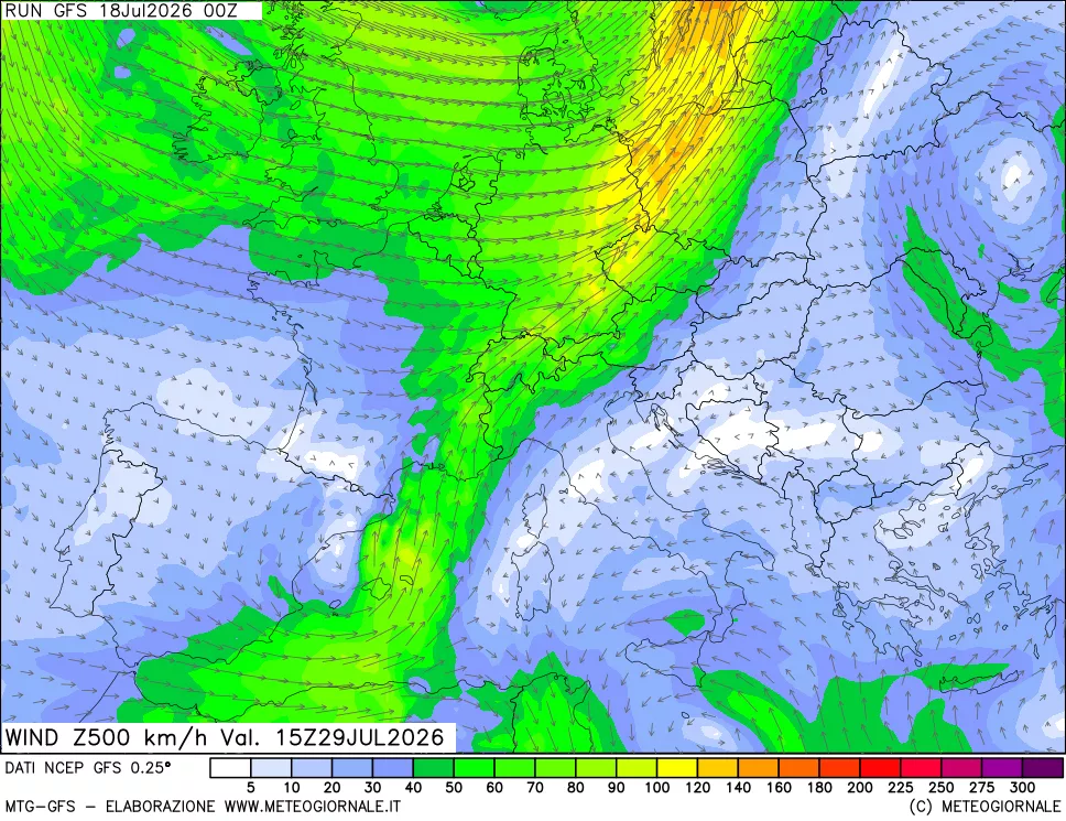 mappa 500 hPa Vento forza e direzione