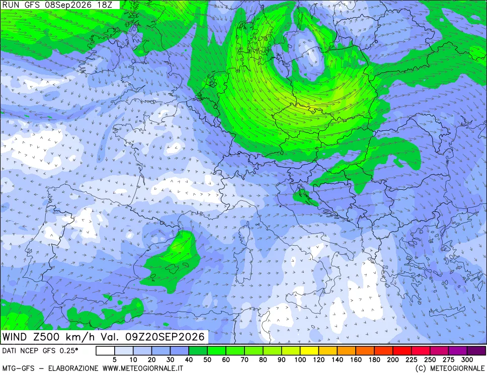 mappa 500 hPa Vento forza e direzione