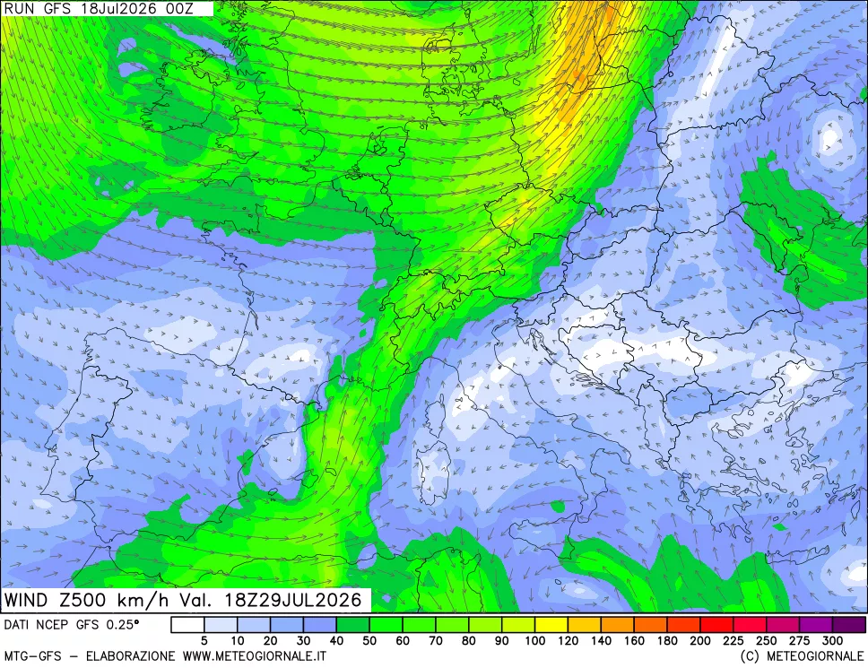 mappa 500 hPa Vento forza e direzione