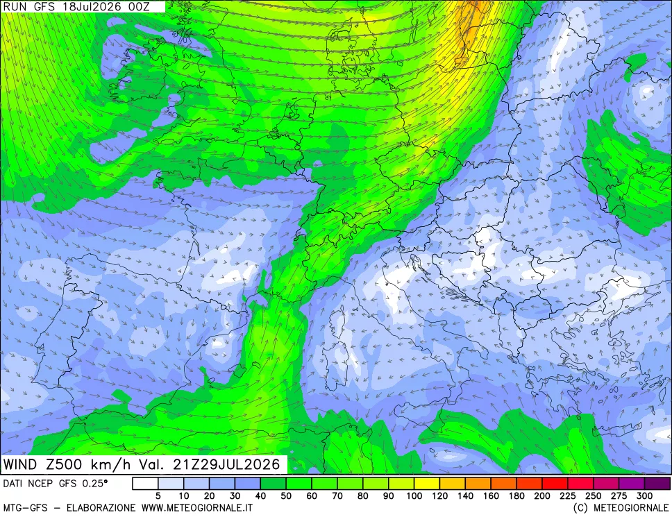 mappa 500 hPa Vento forza e direzione