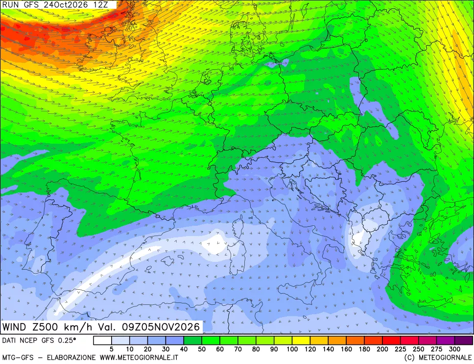 mappa 500 hPa Vento forza e direzione