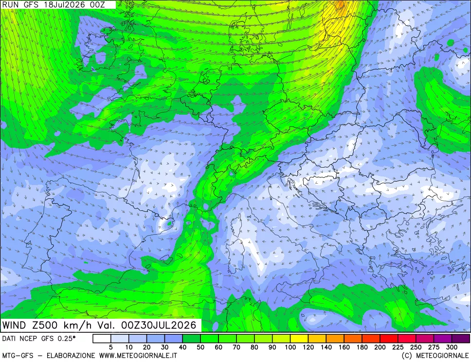 mappa 500 hPa Vento forza e direzione