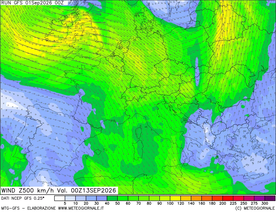 mappa 500 hPa Vento forza e direzione