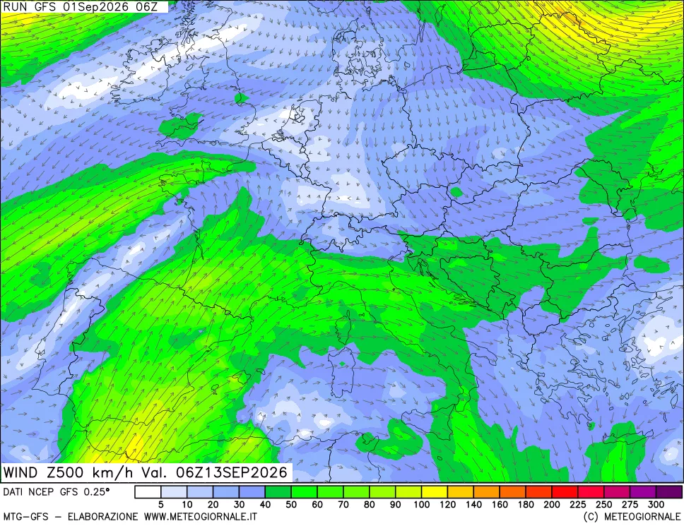mappa 500 hPa Vento forza e direzione