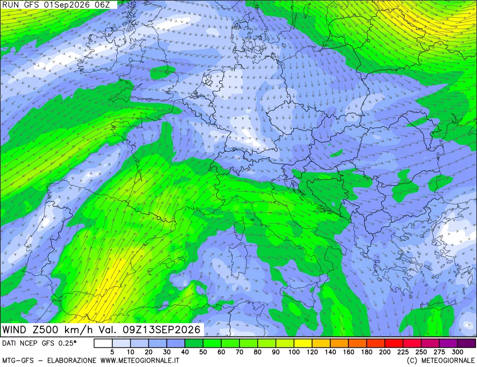 mappa 500 hPa Vento forza e direzione