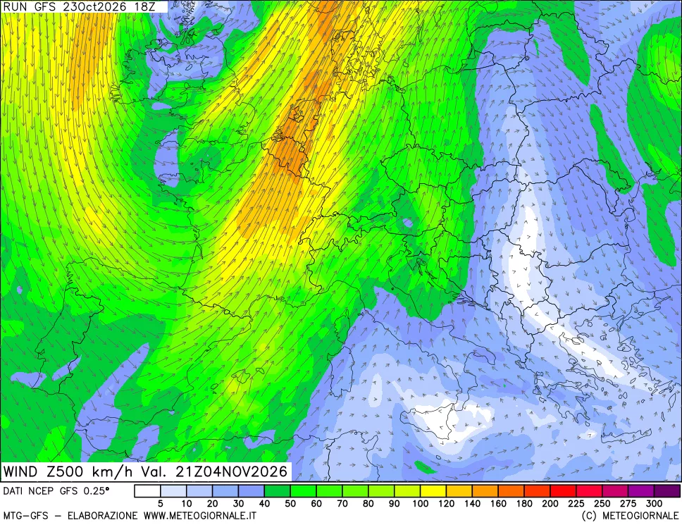 mappa 500 hPa Vento forza e direzione