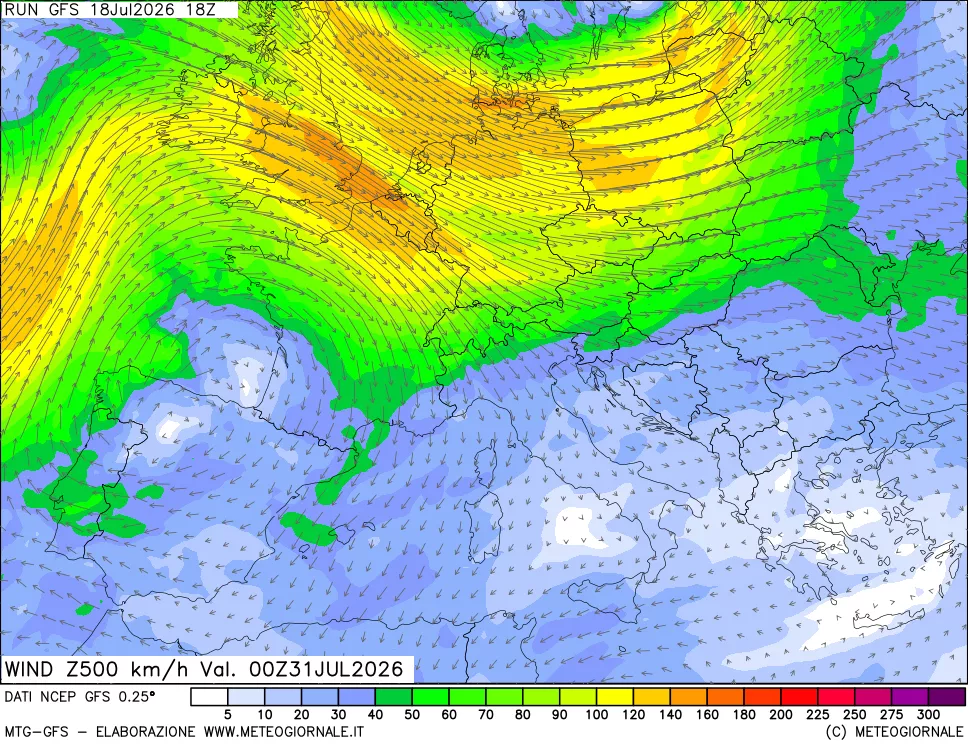 mappa 500 hPa Vento forza e direzione