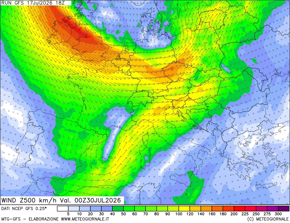 mappa 500 hPa Vento forza e direzione