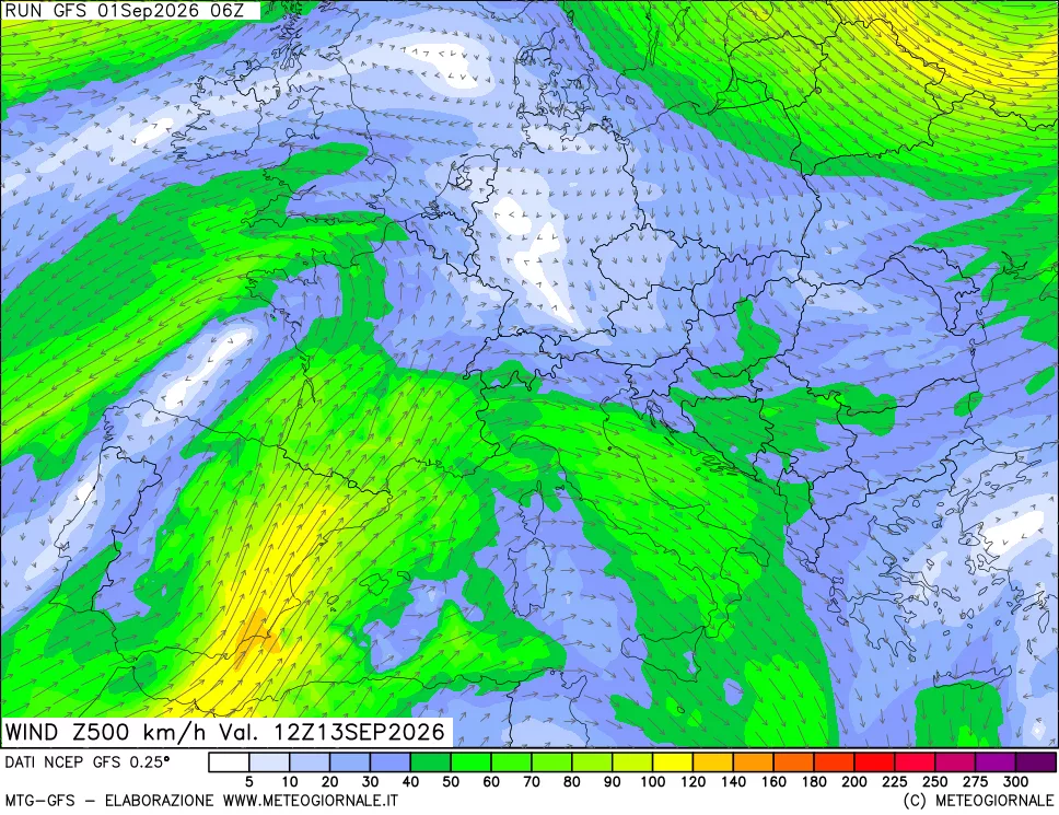 mappa 500 hPa Vento forza e direzione