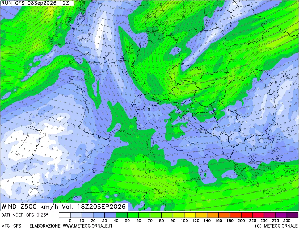 mappa 500 hPa Vento forza e direzione