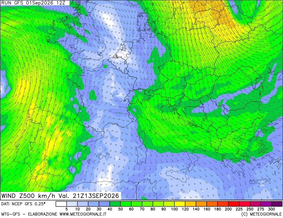 mappa 500 hPa Vento forza e direzione