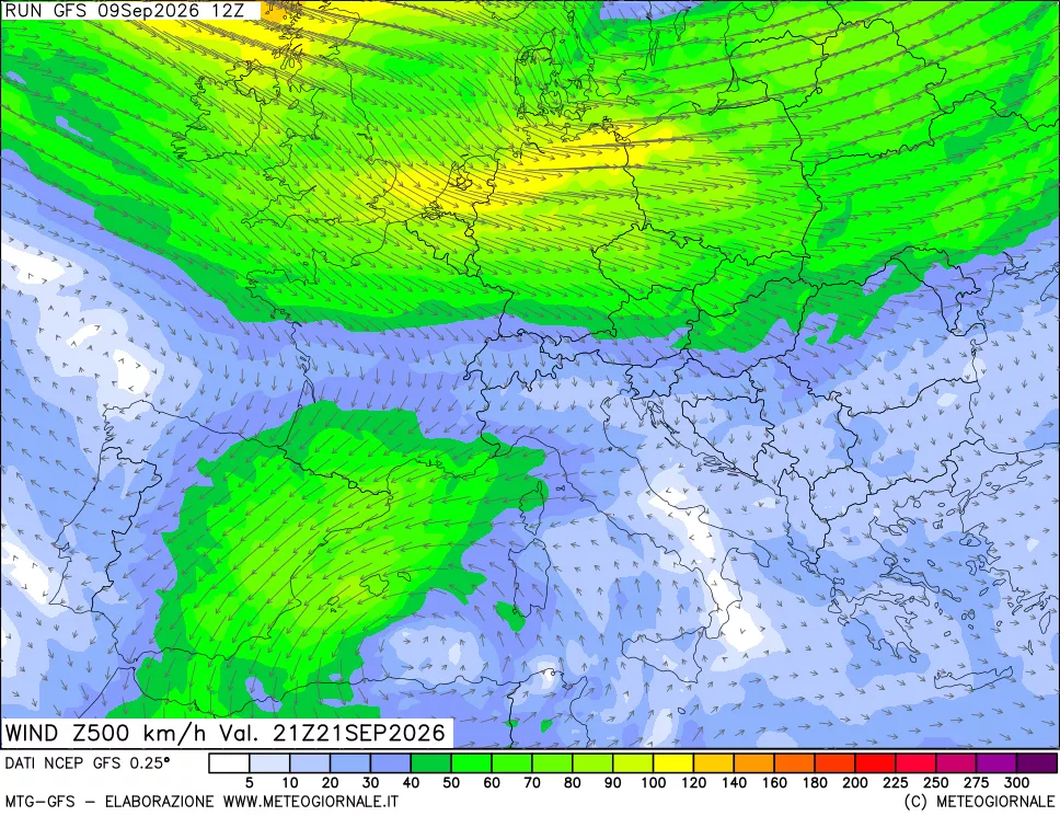 mappa 500 hPa Vento forza e direzione
