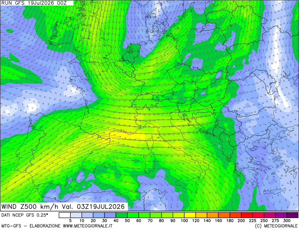 mappa 500 hPa Vento forza e direzione