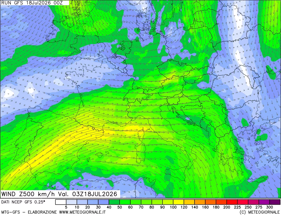 mappa 500 hPa Vento forza e direzione