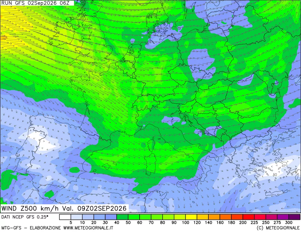 mappa 500 hPa Vento forza e direzione
