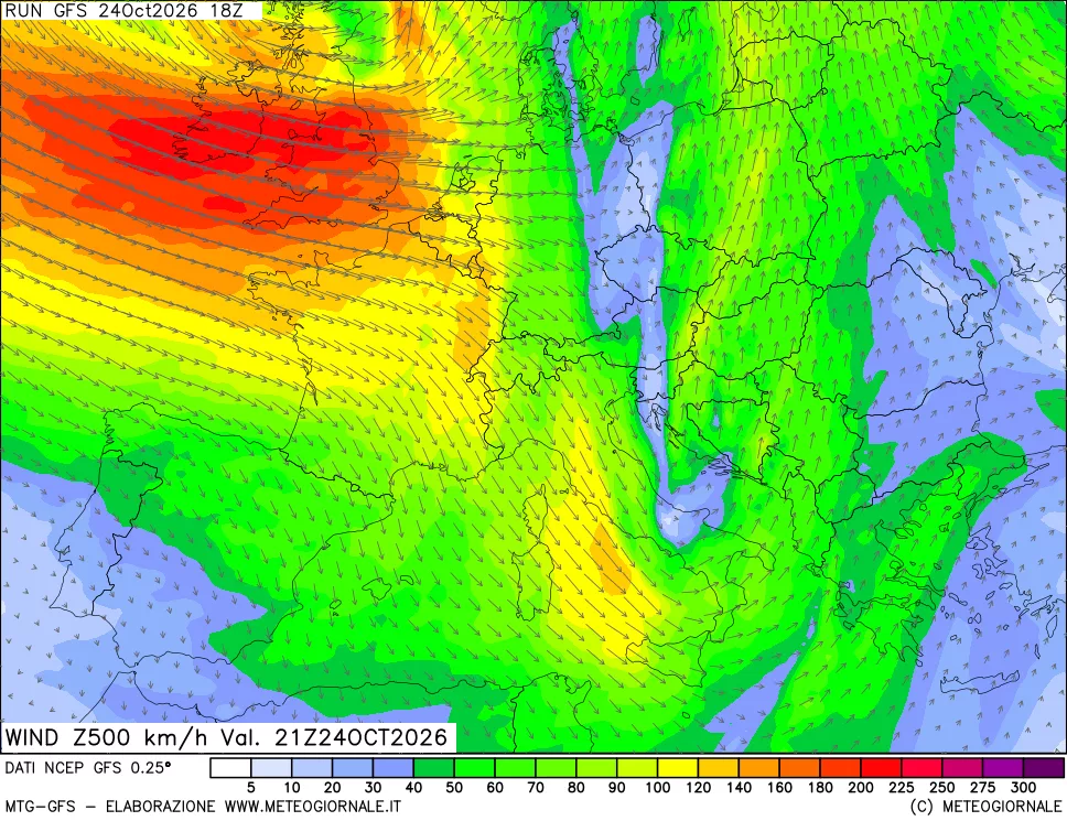 mappa 500 hPa Vento forza e direzione