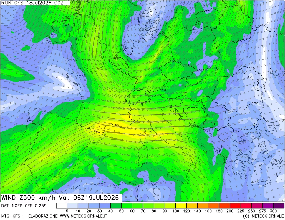 mappa 500 hPa Vento forza e direzione