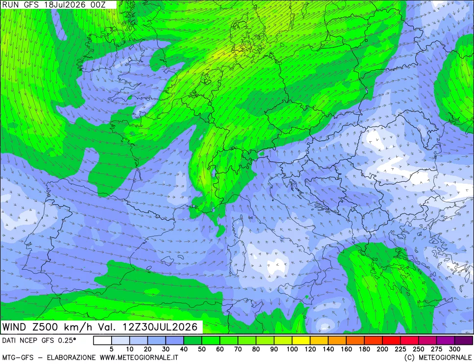 mappa 500 hPa Vento forza e direzione