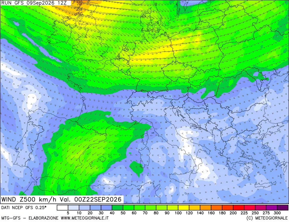 mappa 500 hPa Vento forza e direzione