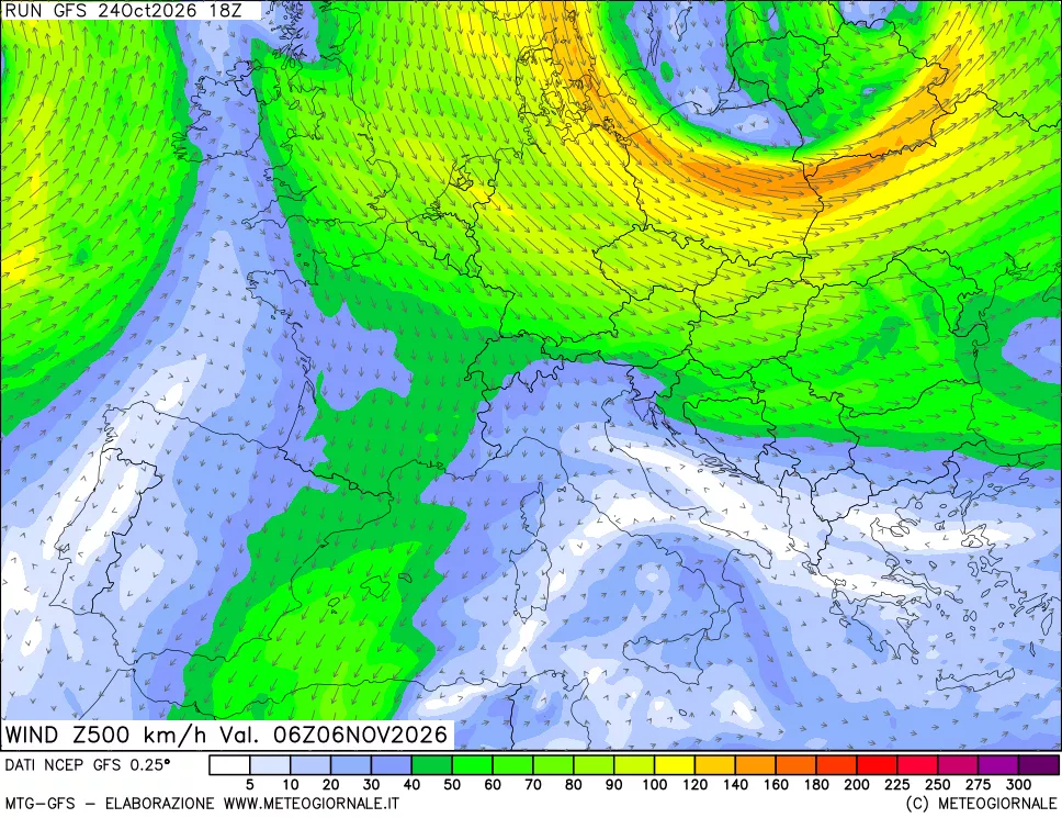 mappa 500 hPa Vento forza e direzione