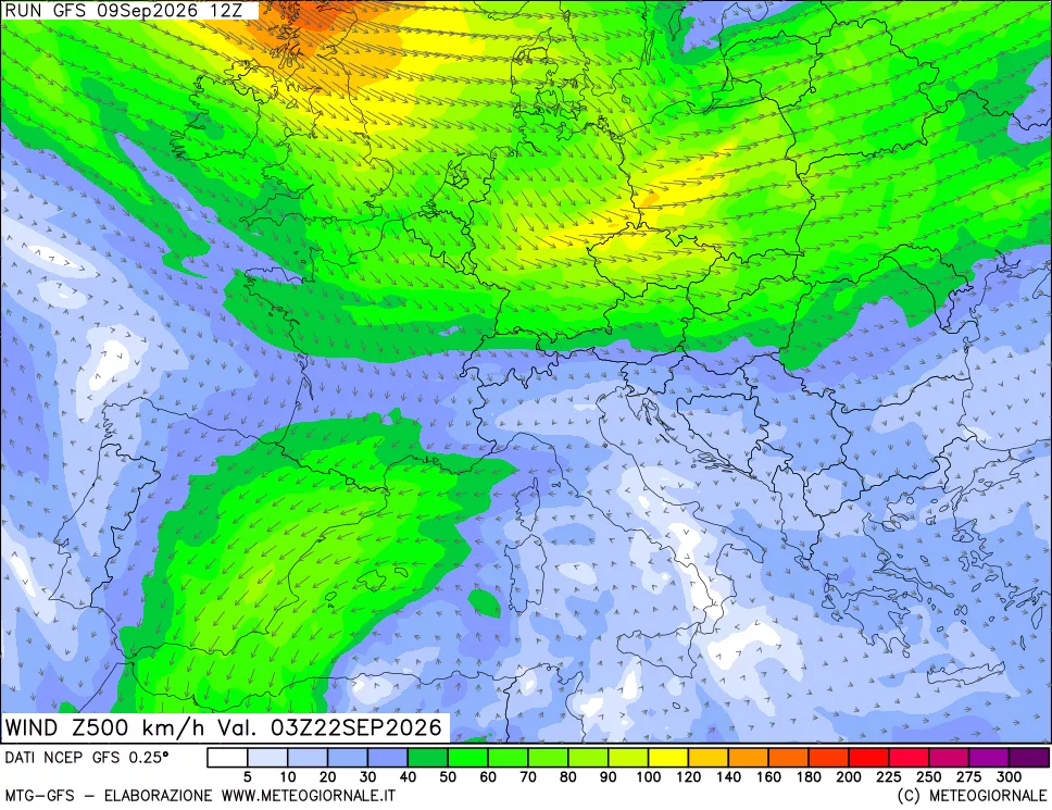 mappa 500 hPa Vento forza e direzione