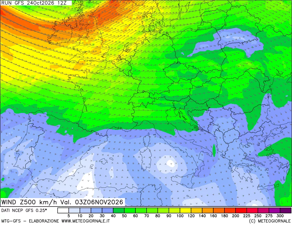 mappa 500 hPa Vento forza e direzione