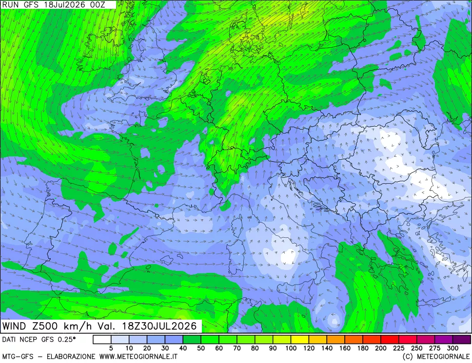mappa 500 hPa Vento forza e direzione