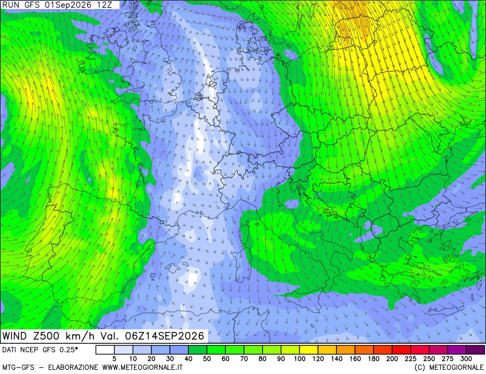 mappa 500 hPa Vento forza e direzione