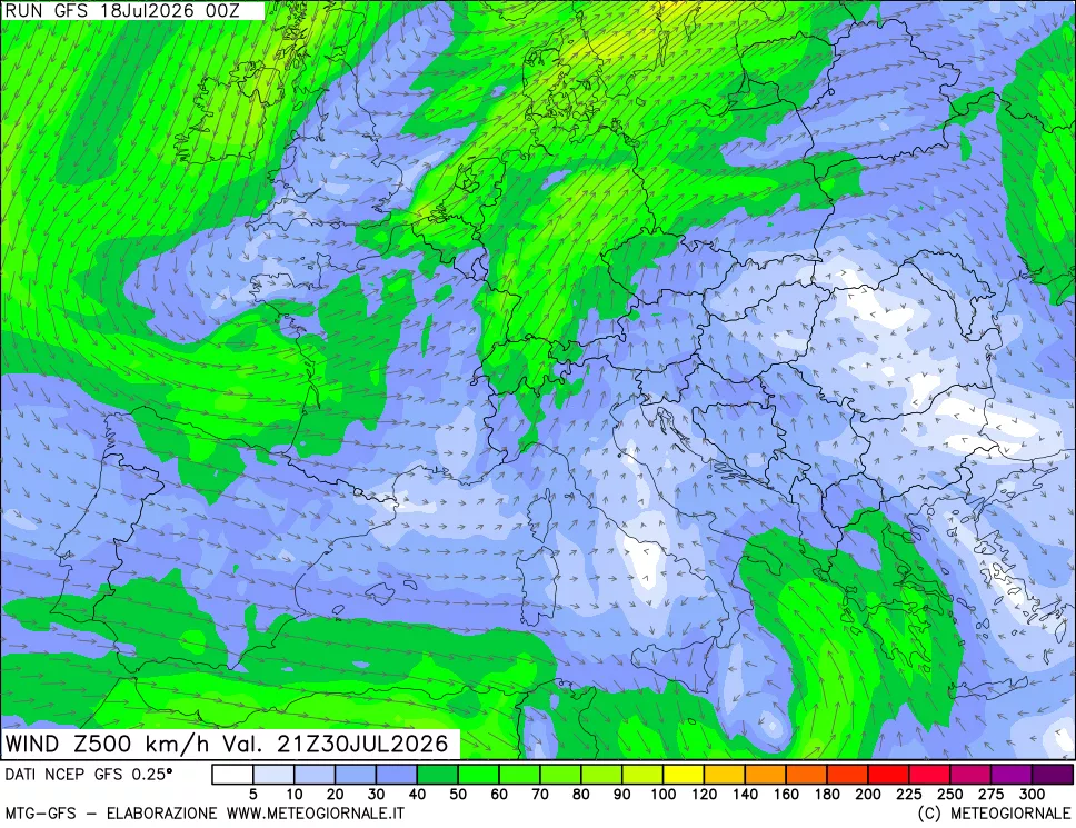 mappa 500 hPa Vento forza e direzione