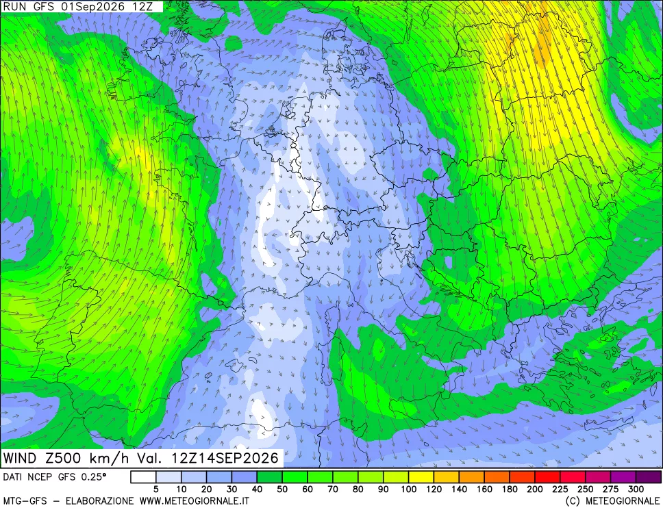 mappa 500 hPa Vento forza e direzione