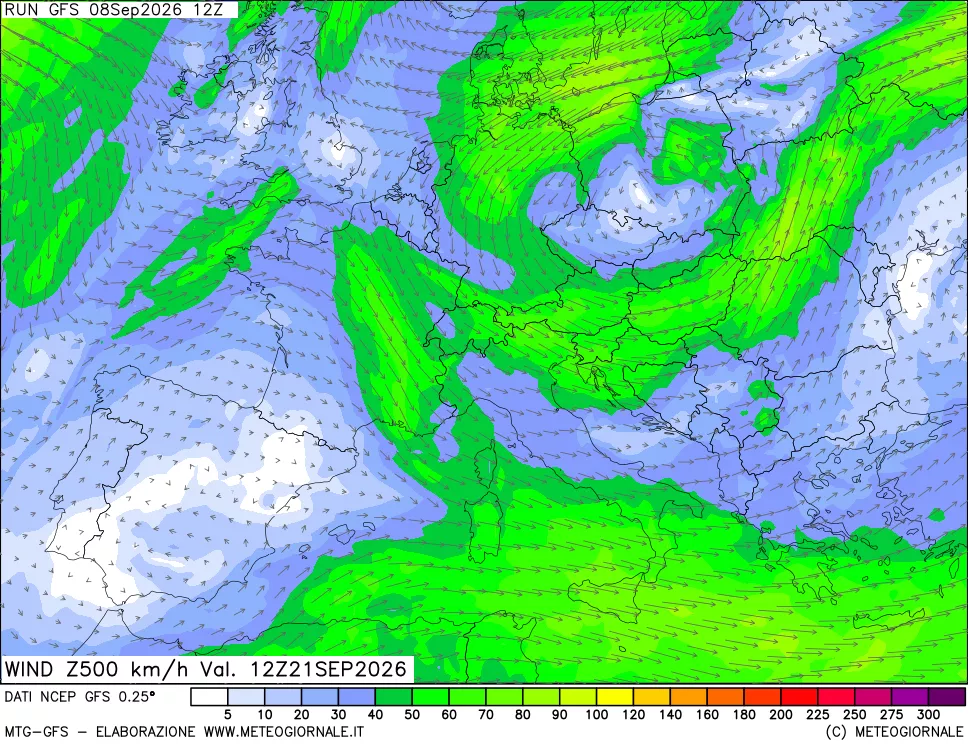 mappa 500 hPa Vento forza e direzione