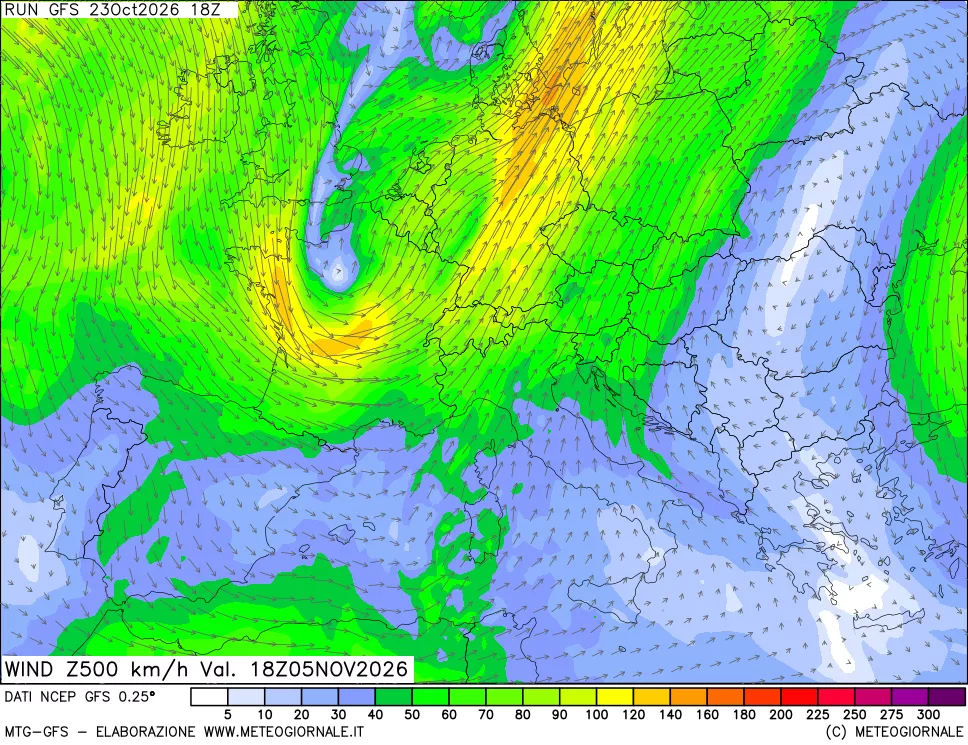 mappa 500 hPa Vento forza e direzione