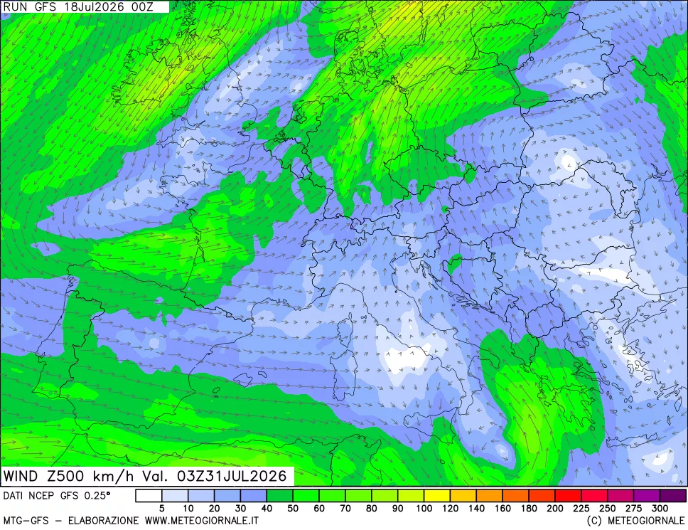 mappa 500 hPa Vento forza e direzione