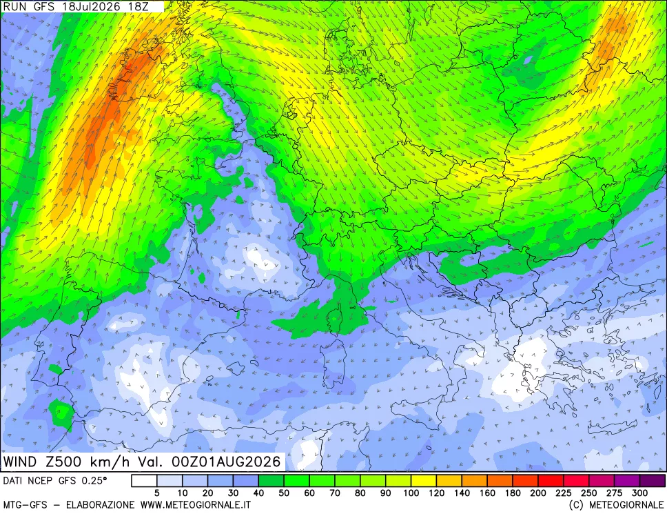 mappa 500 hPa Vento forza e direzione